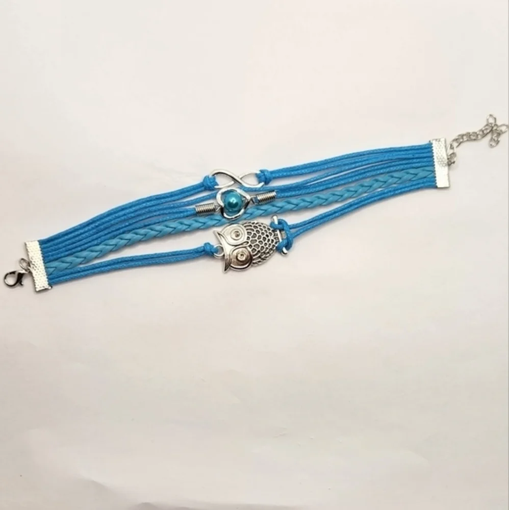 Multi Charm Leathet Bracelet Infinity‎ Symbol with Faux Pearl Heart and Owl